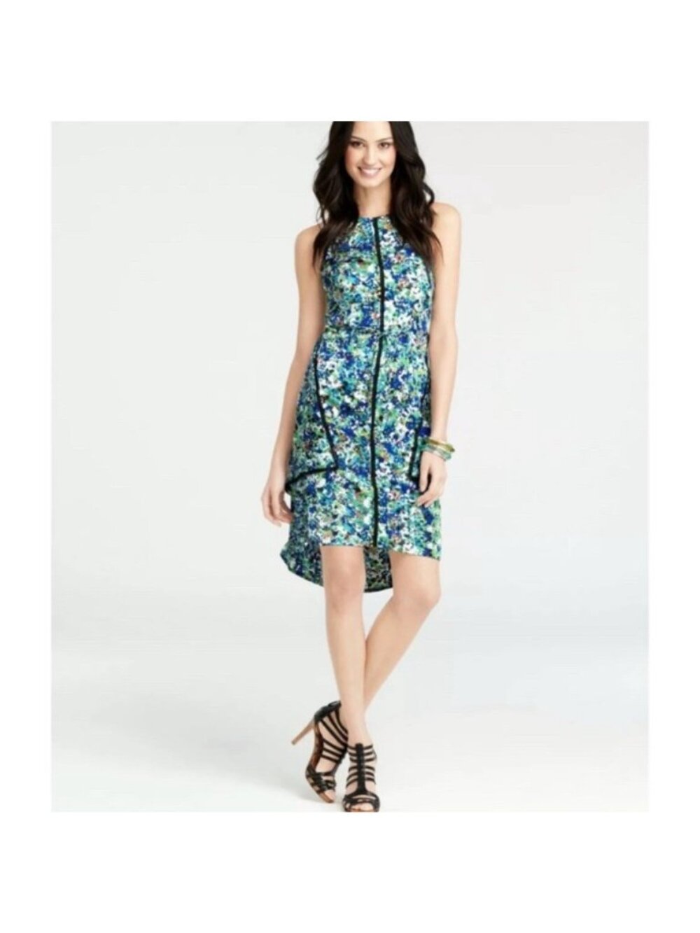 Ann Taylor Watercolor Blue Green Sleeveless High-lo Dress Womens Size 4 Lined